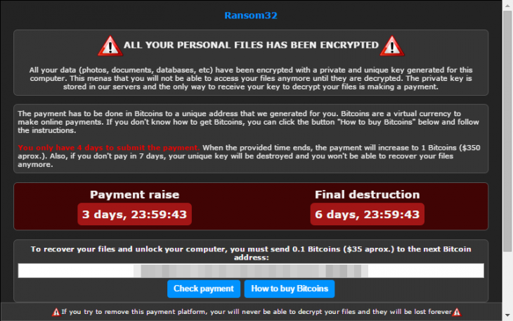 Ransom32 Ransomware: Erpresserbildschirm
